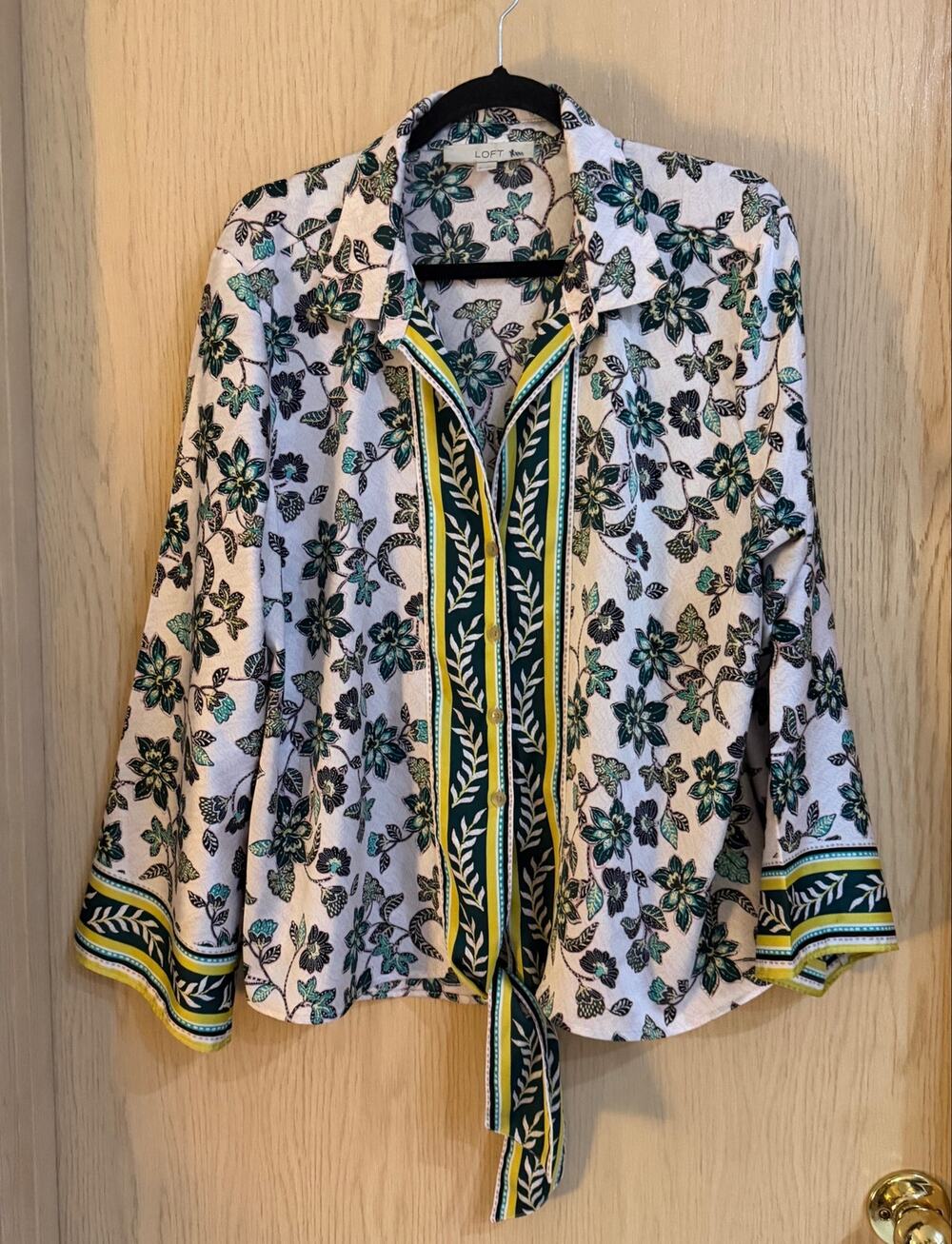 LOFT Floral Border Print Tie Front Blouse Size XL